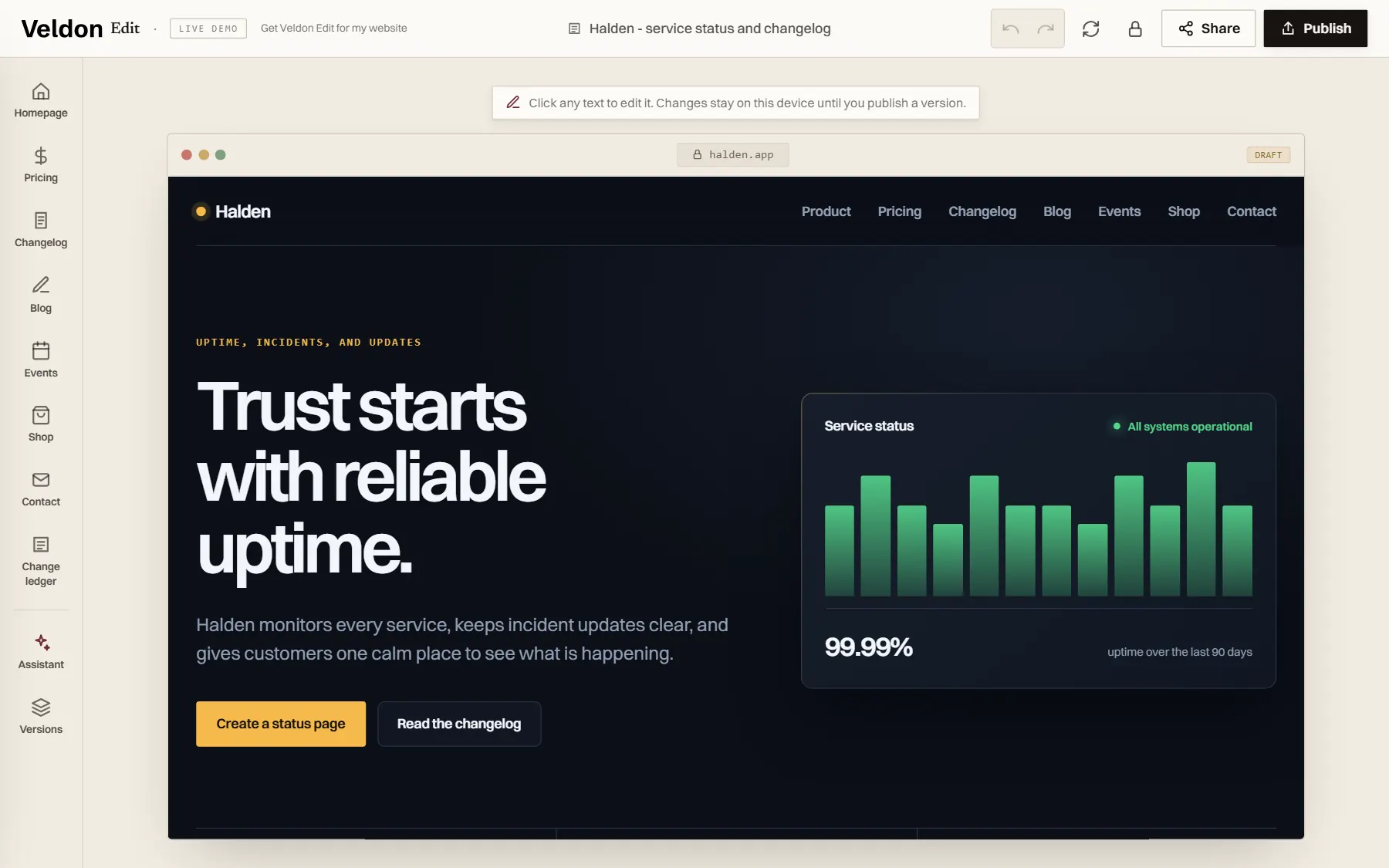 Veldon Edit editor open on a demo website